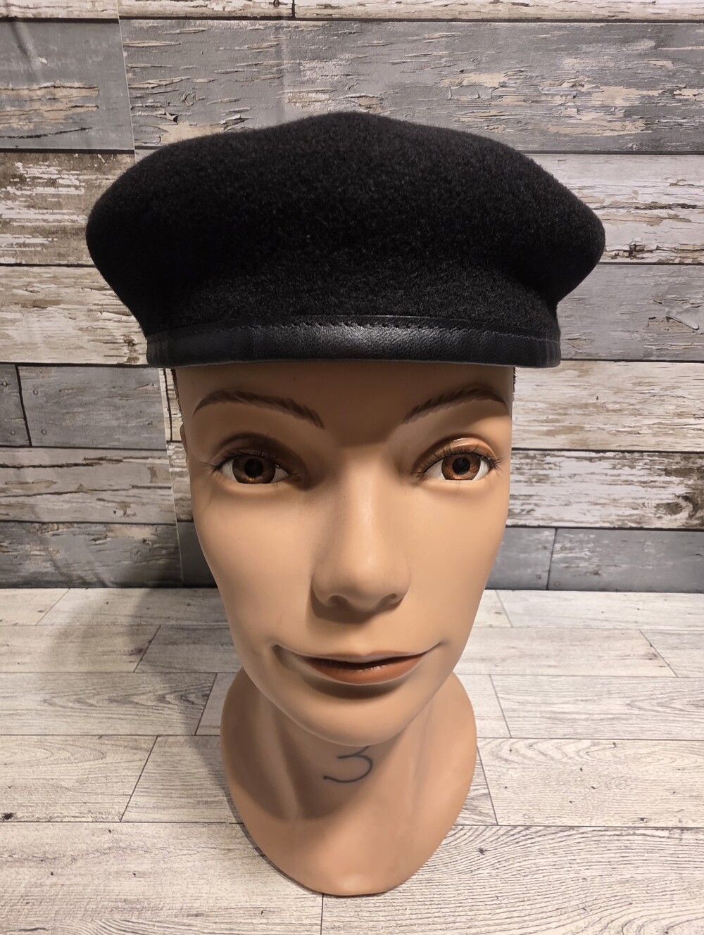 Cobra Black Wool Beret with Leather Trim